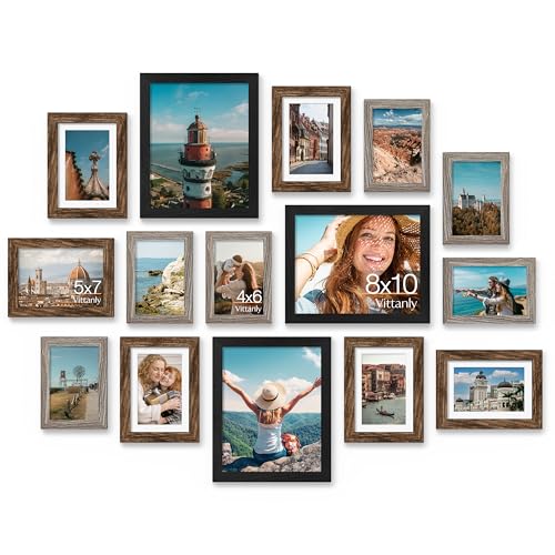 Vittanly 15 Pack Gallery Wall Frame Set, Black, Brown, Dark Grey | Picture Frames Collage Wall Decor: 3pcs 8x10, 6pcs 5x7, 6pcs 4x6. Picture Frame Set for Wall or Tabletop Display - color: Black & Brown & Dark Grey