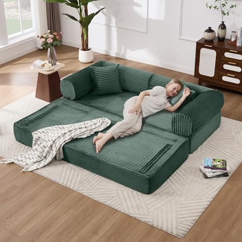Tbfit 79'' Folding Boneless Couch, Oversized Corduroy Convertible Sofa Bed, Futon Mattress Sleeper Sofa, Comfy Foldable Upholstered Floor Couches for Living Room, Dark Green - color: Dark Green, size: 39.37'' Depth