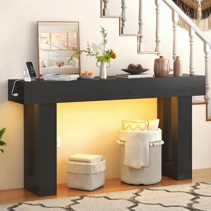 Grepatio Long Console Table with LED Light, 63 Inch Wood Entryway Table with USB Power Outlet, Narrow Sofa Behind Couch Table, Farmhouse Entry Tables for Entryway, Hallway, Living Room (LED Black) - color: Led Black