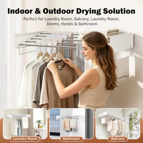 Wall Mounted Drying Rack 32" – Foldable Clothes Drying Rack Wall Mounted, 65 LBS Laundry Rack Wall Mounted, Retractable Clothes Rack for Laundry Room, Indoor & Outdoor Space Saver, 5 Rods, White - color: White