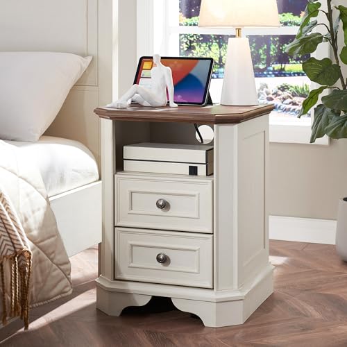 T4TREAM Farmhouse Nightstand with Charging Station, 18" End Table with 2 Drawers, Wood Side Table, Bedside Cabinet for Bedroom, Living Room (Antique White) - color: Antique White