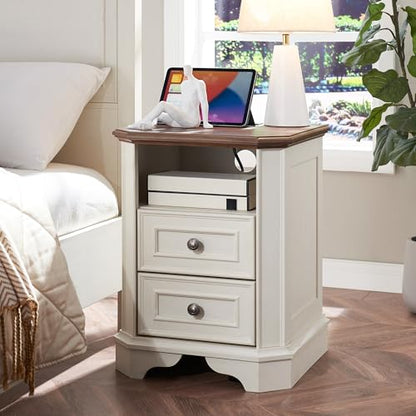 T4TREAM Farmhouse Nightstand with Charging Station, 18" End Table with 2 Drawers, Wood Side Table, Bedside Cabinet for Bedroom, Living Room (Antique White) - color: Antique White