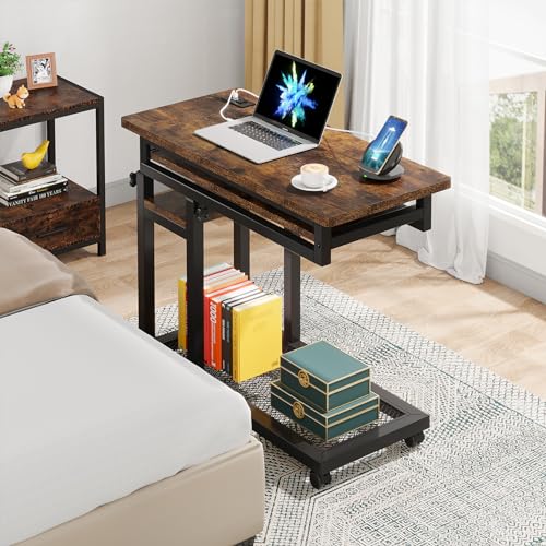 Tribesigns Small Portable Desk with Power Outlet, Height Adjustable Sofa Couch Bedside Laptop Table with Wheels, Mobile Standing Desk Rolling Computer Cart C Side Table with USB Ports - color: Brown