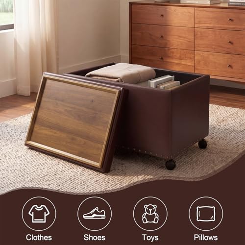 Homebeez 22 inch Storage Ottoman with Tray Top, Multi-Functional Faux Leather Coffee Table with Storage, Tufted Foot Rest with Nailhead Trim for Living Room, Reddish Brown - color: Reddish Brown With Wheels