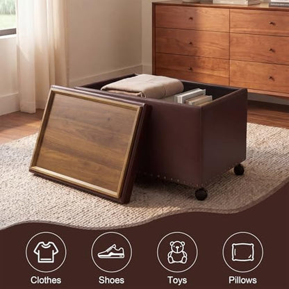 Homebeez 22 inch Storage Ottoman with Tray Top, Multi-Functional Faux Leather Coffee Table with Storage, Tufted Foot Rest with Nailhead Trim for Living Room, Reddish Brown - color: Reddish Brown With Wheels