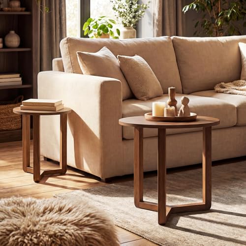 GIANTEX Round Nesting Coffee Table Set of 2, Wood End Tables, Walnut | Thickened Top & Solid Rubber Wood Legs, Farmhouse Sofa Side Table for Small Spaces Living Room Bedroom - color: Walnut