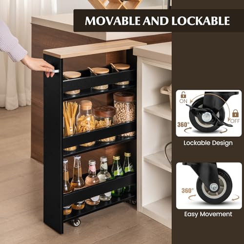 Slim Storage Cart, 4-Tier Rolling Cart with Handle & Wooden Top for Kitchen Bathroom Laundry Living Room Narrow Small Spaces, 5 Inches Width (Black & Natural) - color: Black & Natural