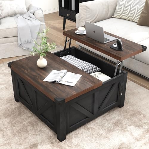 jimeimen Farmhouse Lift Top Coffee Table with Storage, Wood Square Center Table with Charging Station&USB Port, Living Room Table w/Large Hidden Space, for Living Room, Bedroom, Home Office, Black - color: Black