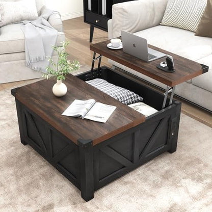 jimeimen Farmhouse Lift Top Coffee Table with Storage, Wood Square Center Table with Charging Station&USB Port, Living Room Table w/Large Hidden Space, for Living Room, Bedroom, Home Office, Black - color: Black
