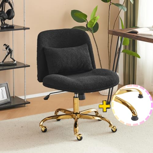 VINGLI Wide Criss Cross Legged Office Chair,Buttprint Ergonomic Desk Chair Comfy with Pillow&Gold Base,Dual-Use with/no Wheels,Adjustable Vanity Swivel Chair for Bedroom,Home Office,Teddy Fleece,Black - color: Elegant Black