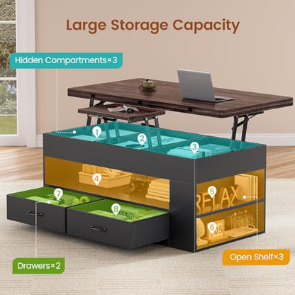 Itaar Lift Top Coffee Table, 4 in 1 Coffee Tables with Storage and Hidden Compartment, Farmhouse Coffee Table with 2 Fabric Drawers & LED Light for Living Room, Black - color: Black