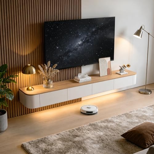 Floating TV Stand Wall Mounted Floating Entertainment Center 47-118 in with LED and Drawers & Cable Management, Modern Wood Media Console Under TV for Living Room Bedroom and Home(Wood White,102.3IN) - color: Wood White, size: 102.3IN