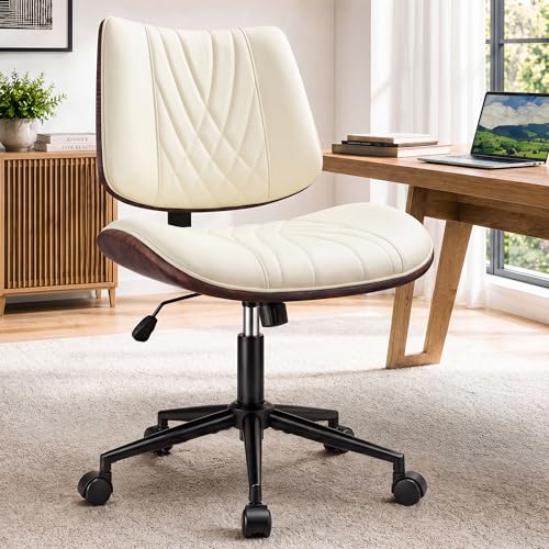 Armless Office Chair, Small Comfy Leather Desk Chair with Wheels | PU Leather, Adjustable Height, Swivel Rolling, Mid Back Computer Chair, Home Bedroom Meeting Room, Beige - color: Beige
