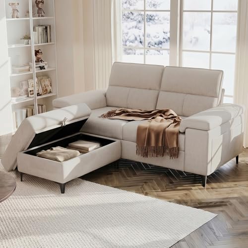 71.25" L Shaped Sectional Couches Deep Seat Sofa for Living Room(Beige) | Big Storage Ottoman & 8”Cushion, Comfy 2-Seater Chenille Loveseat, Convertible Armrest, Removable Cover for Small Space - color: Beige, size: 71.25" Couch & Ottoman