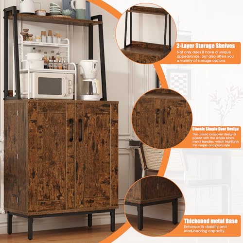 51" Kitchen Pantry Cabinet, Kitchen Storage Cabinet with Microwave Shelves, Small Coffee Bar Cabinet, Modern Kitchen Hutch with Microwave Stand, Adjustable Shelves, Food Pantry Cabinet for Dining Room - color: A-51" Retro Brown