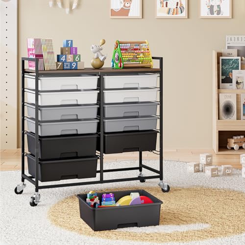 TOOLF 12 Drawers Rolling Storage Cart with Wooden Top for Classroom,Grey | Teacher Cart Craft Art Supply Organizer, Utility Cart with Lockable Wheels for Home Household Essentials, Office Organization - color: Grey