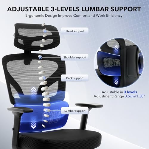 Ergonomic Office Chair Mesh – Adjustable Lumbar 3D Armrests High-Back Desk | Breathable Mesh Backrest; Seat Height & Tilt-Angle Adjustment; Smooth-Rolling Casters; Easy To Assembly, For Home, Office - color: Black-df
