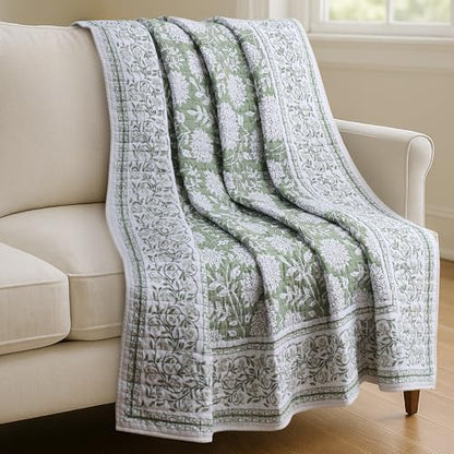Levtex Home Adare Sage Quilted Throw - (50x60in.) - Floral - Sage White - Reversible - Cotton - color: Sage