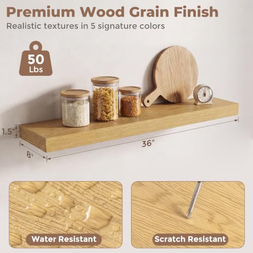 8 inch Deep Floating Shelves for Wall, 36" Wide, Oak Finish, 2-Pack | Engineered Wood Wall Shelves with Invisible Brackets for Living Room, Bedroom, Bathroom, Office & Kitchen Storage - color: Oak Finish, size: 36"W x 8"D, 2p