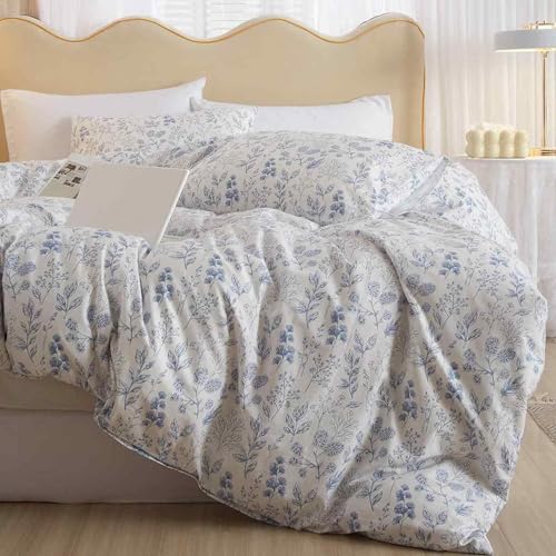 Faincy Floral Full Size Comforter Set, White Blue Flower Pattern Printed Preppy Reversible Alternative Bedding Sets - 80 x 90 3PC Soft Microfiber Duvet Farmhouse Vintage Bed in a Bag for Women Girls - color: Blue White Floral Comforter Set, size: Full
