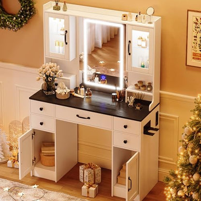 Vanity Desk with Mirror and LED Lights & Power Outlet | Large Makeup Vanity Table with 5 Drawers and 4 Storage Cabinets, White Dressing Table for Bedroom - size: 044 White