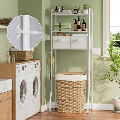 Simple Trending Over The Toilet Storage Rack with Drawers, Metal 3 Tier Bathroom Organizer Shelf with Paper Holder and 3 Hooks, White - color: White With Drawers