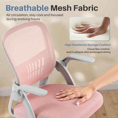 Sweetcrispy Computer Desk Chair, Home Office Chair, Lumbar Support | Flip Up Armrest, Adjustable Height, 360° Swivel Wheels, Ergonomic Mesh Mid-Back, Comfy Arms Bedroom Study - color: Pink, size: 23.22 Inch