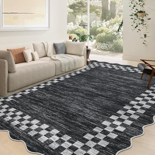 GarveeHome 10x13 Area Rug Large Living Room Bedroom Washable Scalloped Rug | Non Slip Low Pile Bedroom Throw Carpet Soft Modern Bordered Dining Room Rug Stain Resistant Carpet for Home Office, Grey - color: Scalloped Dark Grey, size: 10' x 13' (Rectangula
