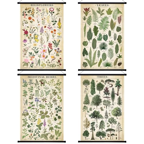 Lewtemi 4 Pcs Vintage Poster Nature Botanical Wall Art Wildflowers Leaves Medicinal Herbs Trees Wall Hanging Poster Prints Plants Chart Poster for Classroom, 15.35 x 23.62 Inch(Retro, Green Plants) - style: Green plants
