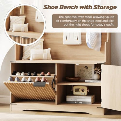 Maupvit 67" Modern Fluted Hall Tree with Storage Bench, LED Lights, Oak | 5-in-1 Entryway Bench with Coat Rack, 4 Hooks, Adjustable Shelves & Flip Drawers, Mudroom Furniture Organizer to Hide Clutter