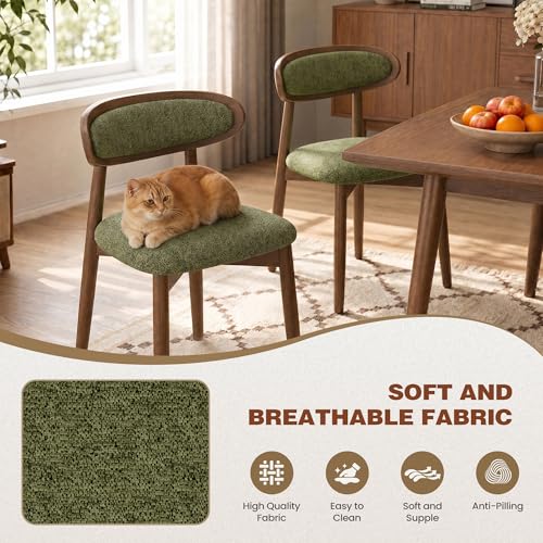 Dining Chairs Set of 2, Upholstered Dining Room Chairs with Solid Wood Legs | Mid Century Modern Dining Chairs, Fabric Kitchen Chairs with Ergonomic Curved Backrest for Dining Room, Vanity, Green - color: Green, size: Set of 2