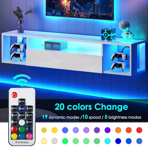 DlandHome 55.1" W Floating TV Stand with LED, Wooden Entertainment Center | Wall Mounted TV Shelf for 50/55/60/65" TV, Media Console with Storage Shelves, Floating Entertainment Center, White - size: 55.1'' White