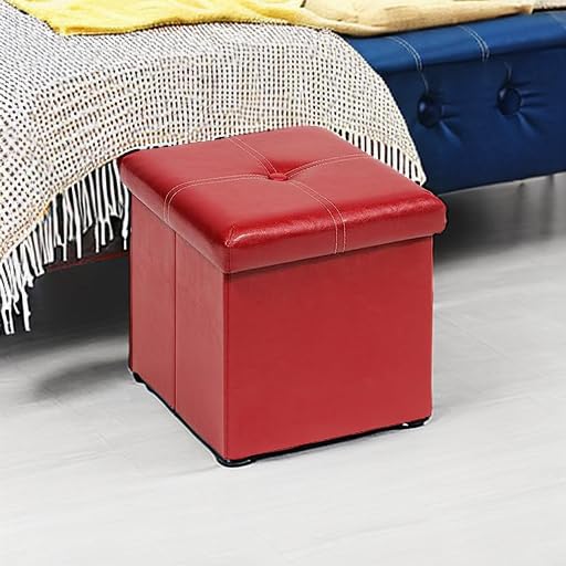 B FSOBEIIALEO Folding Storage Ottoman Cube, Faux Leather Footrest Seat Coffee Table, Red 11.8"x11.8"x11.8" - color: Red 11.8"x11.8"x11.8"