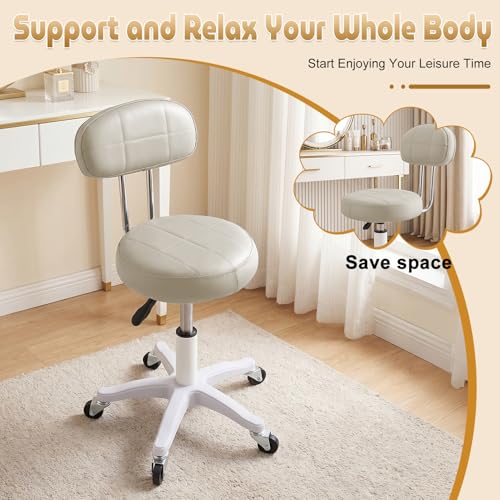 Small Armless Office Desk Chair with Back, Faux Leather Vanity Chair with Wheels - Height Adjustable, 360° Swivel, Ergonomic Rolling Computer Stool for Home Bedroom Office Beige