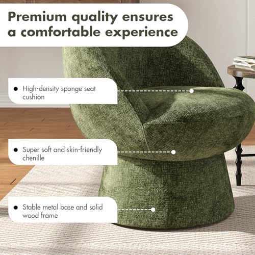 360° Swivel Accent Chair with Curved Back, Modern Green Chenille Upholstered Round Barrel Chair, Bucket Vanity Armchair for Small Space,Living Room, Bedroom - color: Green 02, size: 1 Chair