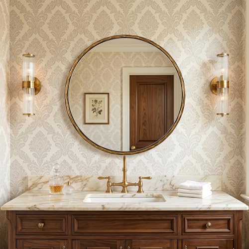 28 Inch Hand-Forged Gold Mirrors, Antique Brass Round Hammered Mirror for Bathroom Over Sink, Living Room, Entryway, Vintage, Farmhouse, Rustic, Solid Steel Frame - color: Gold, size: 28"L x 28"W