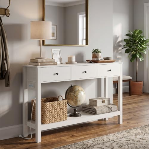 Gizoon Console Table with Outlets, | Modern Accent Sofa Table with 3 Drawers, Open Shelf for Living Room, Front Hall, Entrance Hall, Study Room, White - color: White, size: 51"W with Outlets