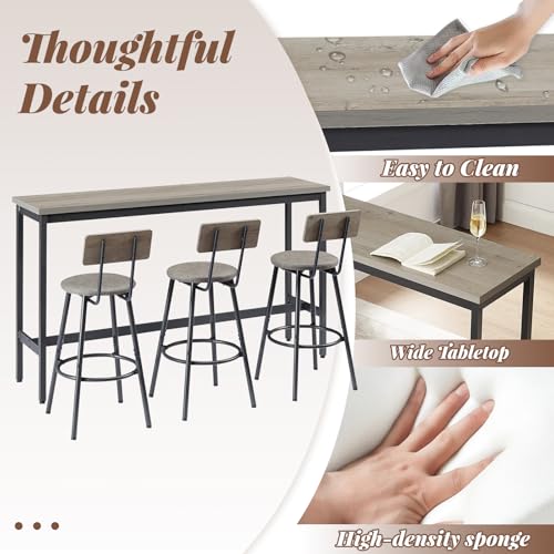 63” Long Bar Table Set for 3, Counter Height Industrial Pub Table with 3 PU Upholstered Bar Stools, Space-Saving Kitchen Breakfast Table and Chairs for Small Spaces, Rustic Gray and Black - color: Grey, style: Long bar table with stools/bar table set for