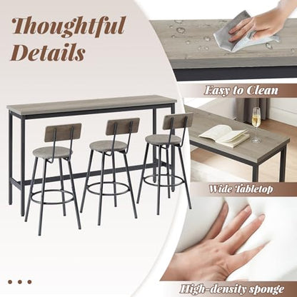 63” Long Bar Table Set for 3, Counter Height Industrial Pub Table with 3 PU Upholstered Bar Stools, Space-Saving Kitchen Breakfast Table and Chairs for Small Spaces, Rustic Gray and Black - color: Grey, style: Long bar table with stools/bar table set for