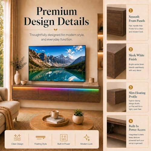 Brown Floating TV Stand Wall Mounted, 65 in Media Console Cabinet | floating tv console for 70-75 inch tv midcentury modern tv stand - color: Brown-f