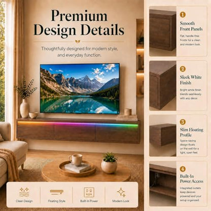 Brown Floating TV Stand Wall Mounted, 65 in Media Console Cabinet | floating tv console for 70-75 inch tv midcentury modern tv stand - color: Brown-f