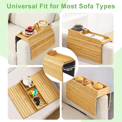 RETON 2 Pack Bamboo Couch Armrest Tray with Sofa Cup Holder, Anti-Slip Foldable Couch Arm Tray Table Organizer for TV Remote Drinks Cups Cellphone Snacks