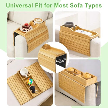 RETON 2 Pack Bamboo Couch Armrest Tray with Sofa Cup Holder, Anti-Slip Foldable Couch Arm Tray Table Organizer for TV Remote Drinks Cups Cellphone Snacks