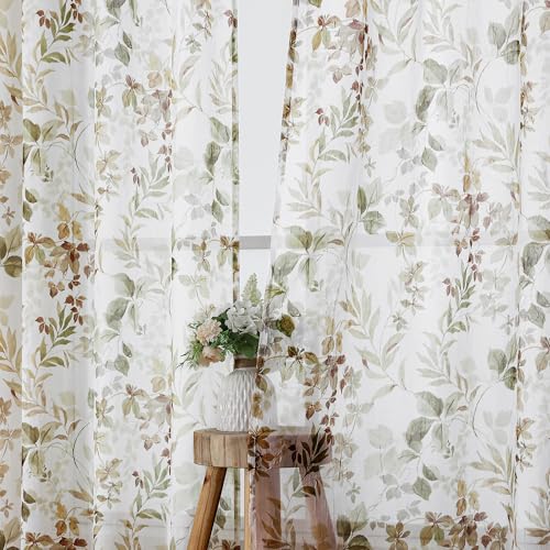 Crushed Sheer Curtains 63 Inch Length 2 Panels Set, Sheer Floral Curtians with Printed Leaves Design, Printing Drapes for Living Room, Rod Pocket Light Filtering Window Sheers 42" W x 63" L - color: Brown/Multi, size: 42"W x 63"L (Pack of 2)