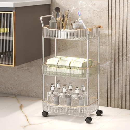 Acrylic Storage Trolley, Bathroom Kitchen Rolling Utility Cart Mobile Organization Shelves with Handle and Lockable Wheel(Clear,3 Tier) - color: Clear, size: 3 Tier