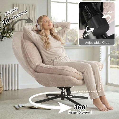 GINGO 24" High Back Swivel Accent Chair Set of 2 for Living Room, Beige | Large Accent Chair, Comfy Reading Chair Oversized, Slightly Rocking Upholstered Armchair, Ergonomic Fabric Modern Chair - color: Beige