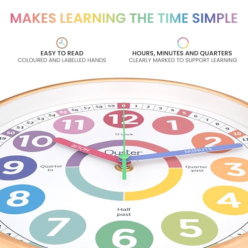 Oyster&Pop Pastel Kids Wall Clock - Silent 10" Analog Learning Clock | Fully labeled color-coded telling time teaching clock for classroom, bedroom, nursery and homeschool - toddlers to age 12 - color: Pastel, size: 10 inch