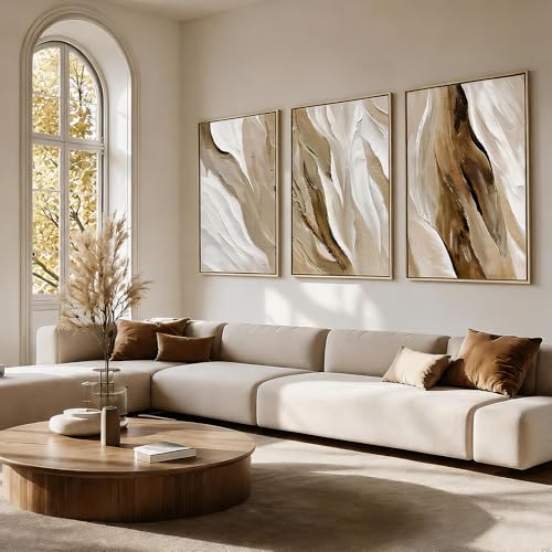 Neutral Beige Abstract Wave Wall Art Large Modern Canvas Artwork for Walls | Hand-Painted Texture Wall Art for Living Room, Hallway Office Wall Decor 3 Piece 24x36 Inch - color: Brown and White
