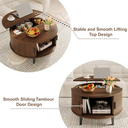 DreamDashio 31.5" Round Lift Top Coffee Table with Hidden Storage, Mid Century Modern Fluted Coffee Tables with Sliding Tambour Door, Small Wood Center Tables for Living Room, Small Space, Walnut