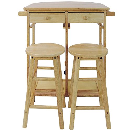 Casual Home Drop Leaf Breakfast Cart with 2 Stools-Natural - color: Natural
